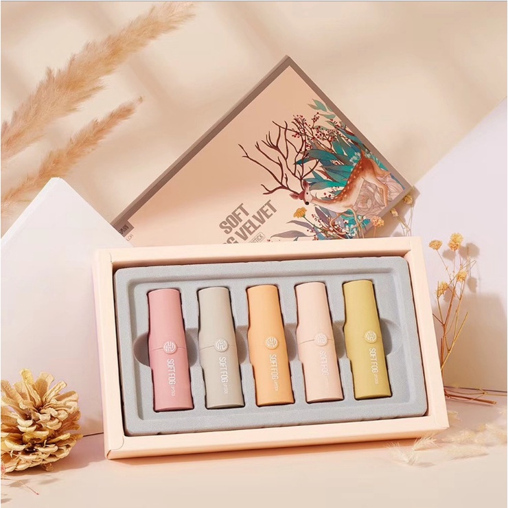 Bộ son 5 thỏi HIH nhung mịn + hộp in hình hươu phong cách nữ sinh