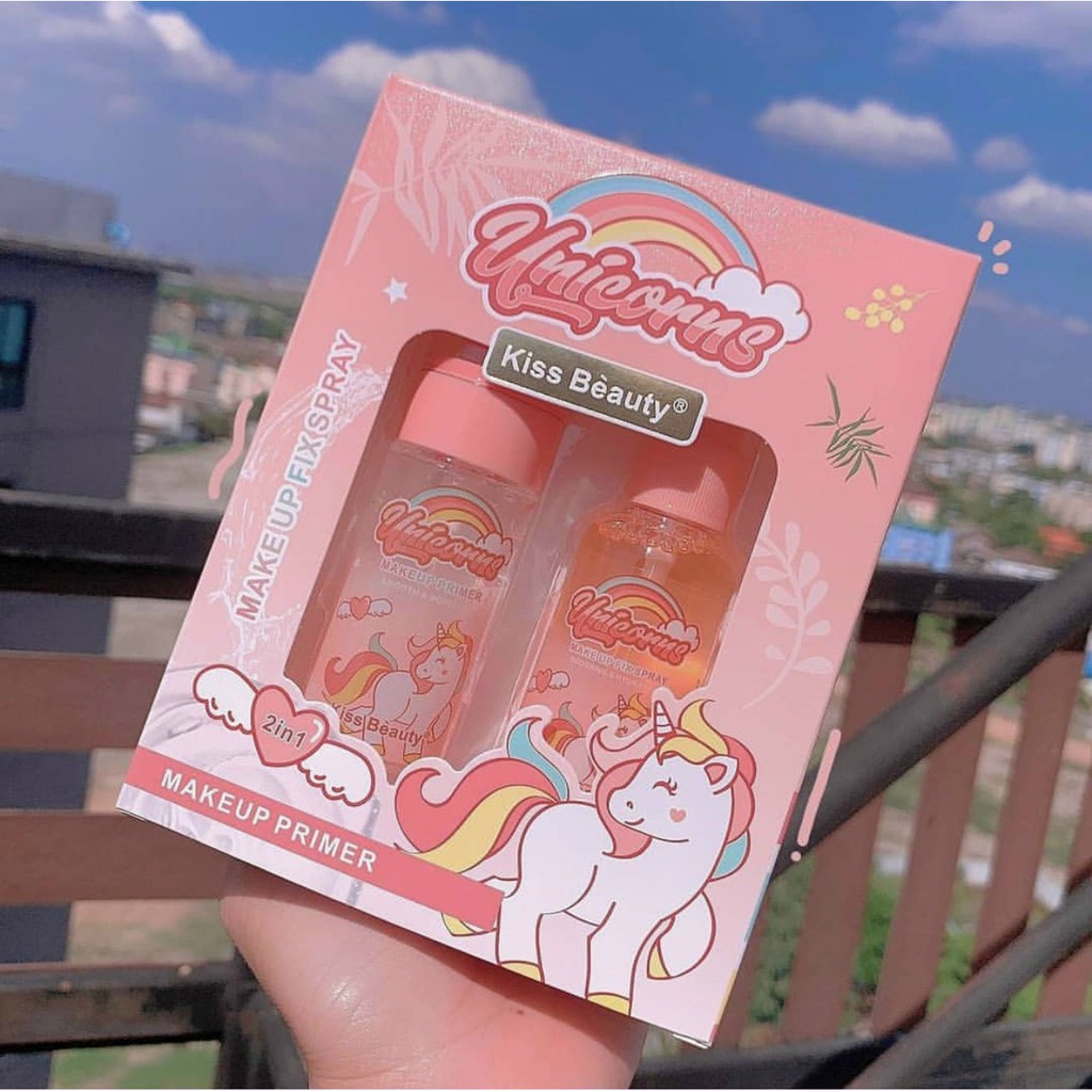 Bộ Meckup Fix Spray gồm Kem lót và xịt khoáng Kiss Beauty Unicorn cầu vồng | BigBuy360 - bigbuy360.vn