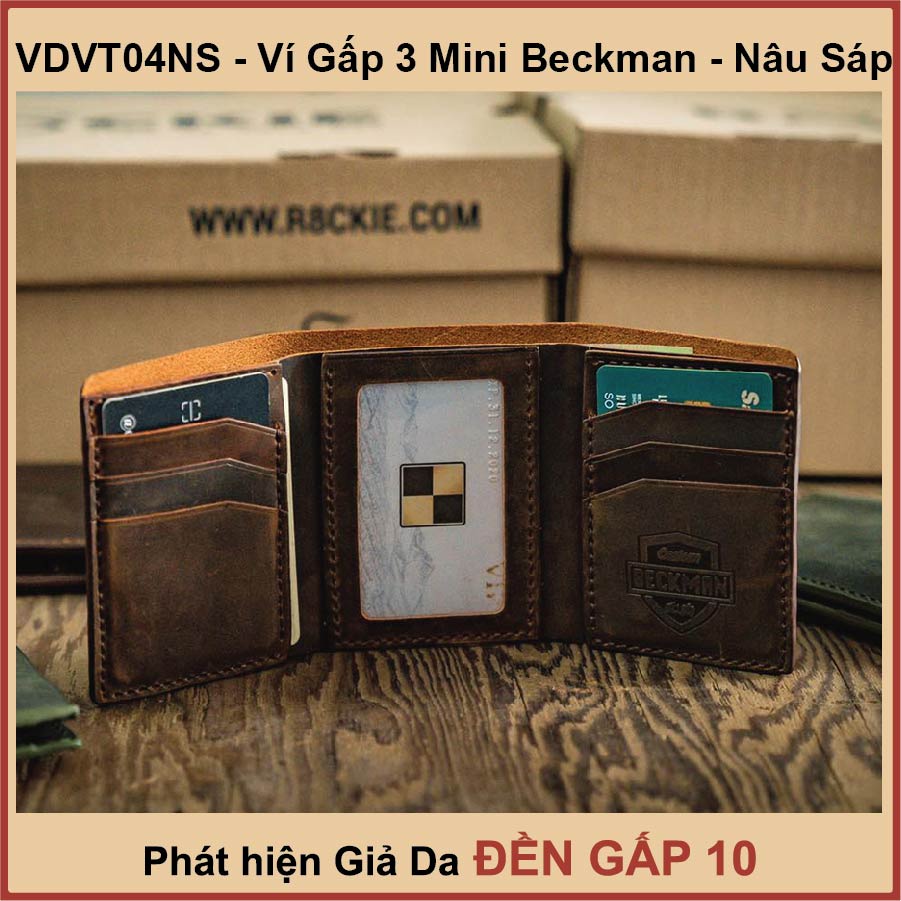 Ví da nam gấp 3 Beckman cao cấp - da sáp Crazy Horse nhập khâủ - may thủ công tỉ mỉ -Nâu sáp VDVT04NS - R8ckie