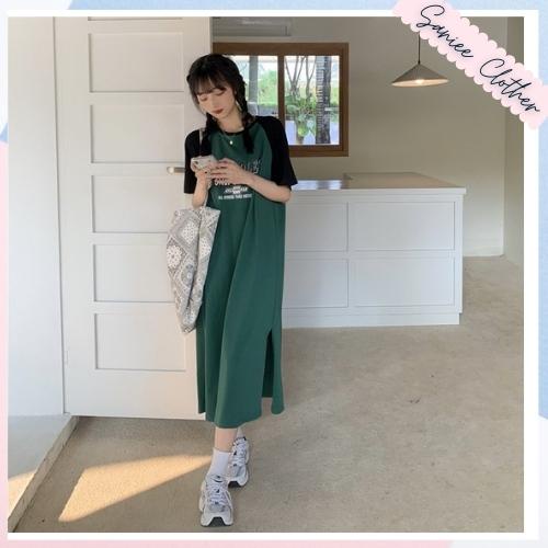 Váy thun nữ dáng suông cổ tròn ulzzang đầm xuông nữ form rộng tay lỡ phối màu thoáng mát năng động Saniee Clother