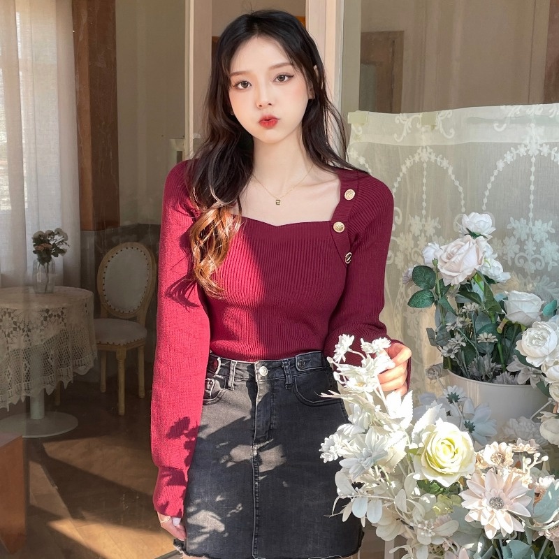 Áo sweater dệt kim ZHELIHANGFEI tay phồng cổ vuông trẻ trung gợi cảm thời trang