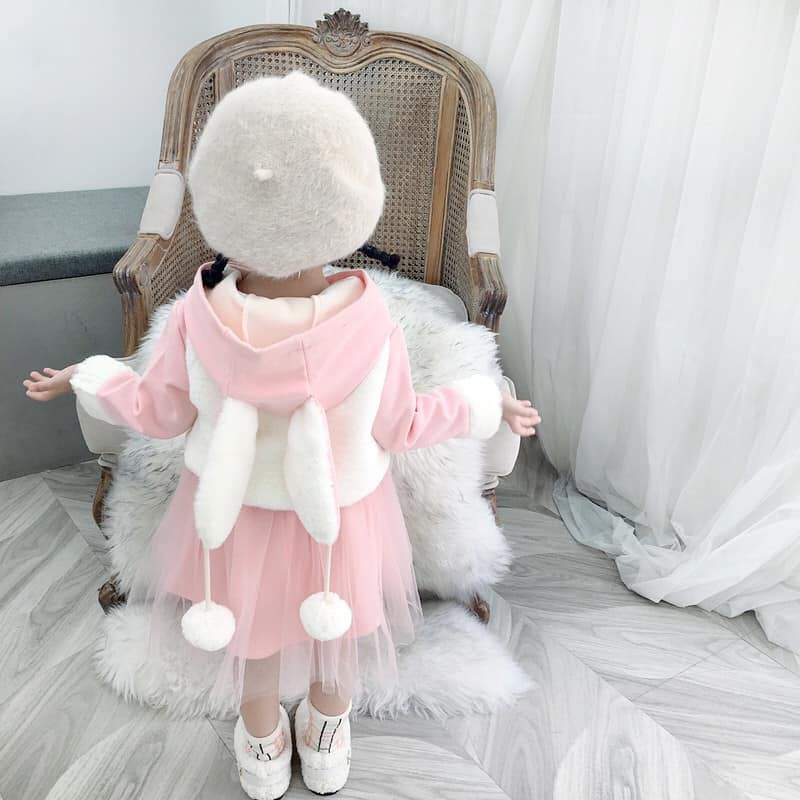 Váy kèm áo khoác ghile lông tai thỏ cho bé gái 8-17kg - Shubishop.vn
