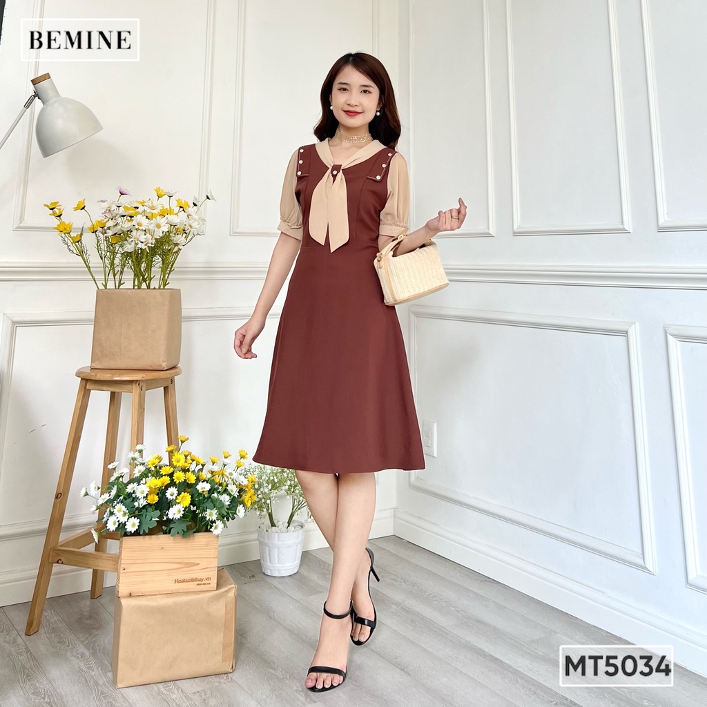 Đầm tay ngắn cổ phối nơ BEMINE MT5034NAU