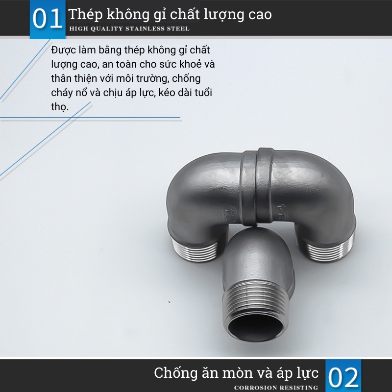 Co điếu inox 304 phi 13 17 21 27 cút nối góc 90 độ ren trong ren ngoài 1/4 3/8 1/2 3/4 chất liệu bằng thép không gỉ
