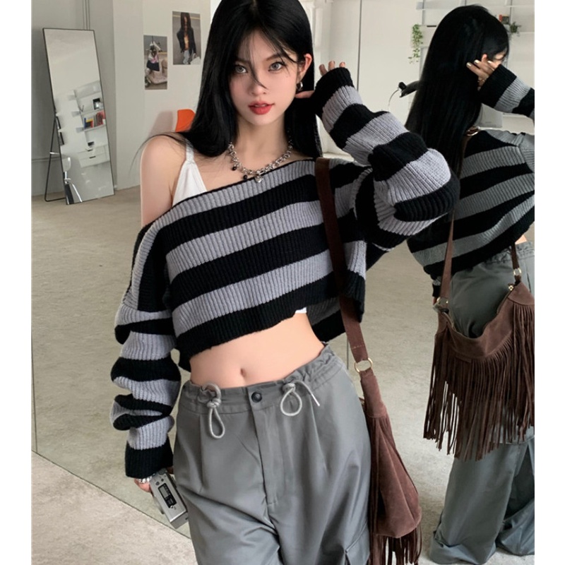 Áo Len Tay Dài Cổ Tròn Họa Tiết Sọc Ngang Thời Trang Dành Cho Nữ