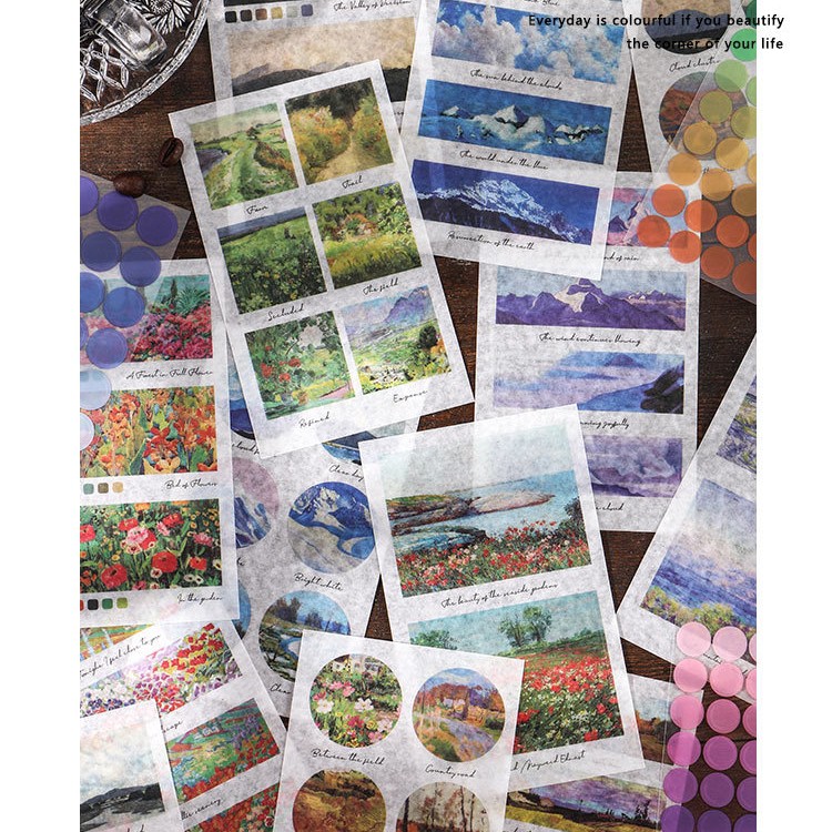 Set 8 tấm sticker giấy washi tranh vẽ và hình tròn trang trí planner