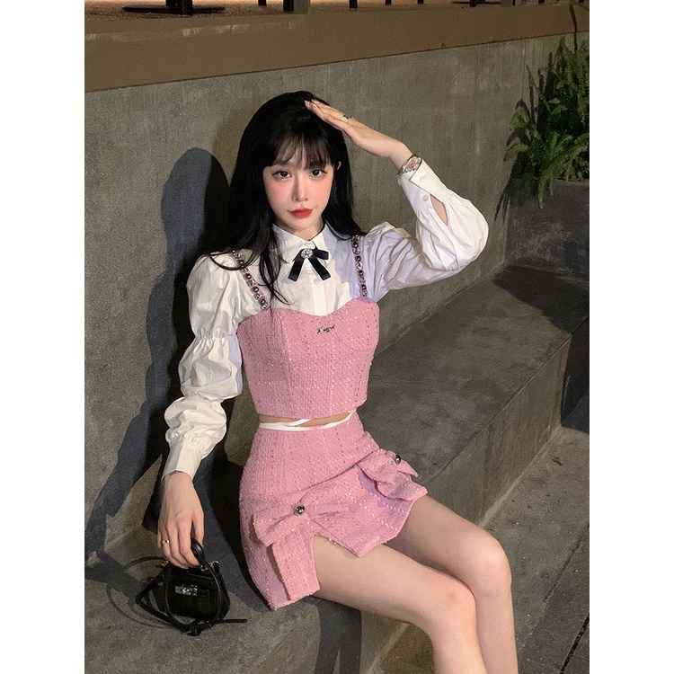 Set Đồ Gồm Chân Váy Lưng Cao Đính Nơ Màu Hồng Nhỏ Phong Cách Preppy Dễ Phối Đồ Thời Trang Mùa Hè Mới