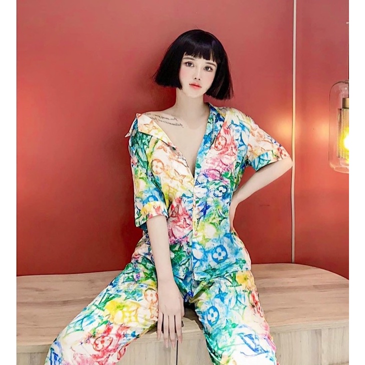 [Clip thật]Đồ bộ nữ Pijama lụa Latin, hoạ tiết LV sang