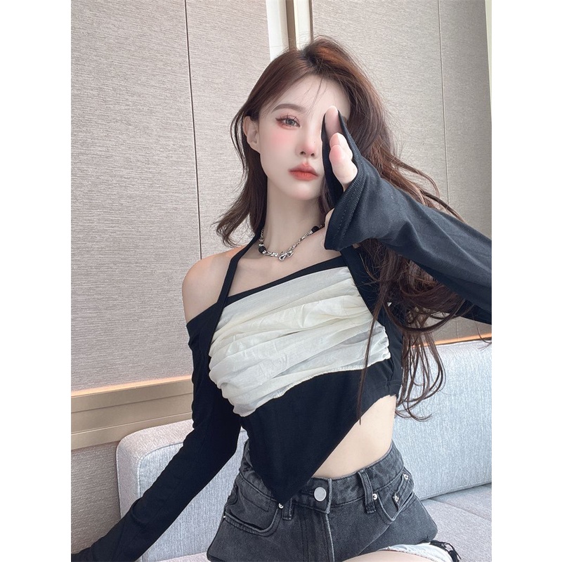 Jiashucheng Áo Thun Trễ Vai Phối Lưới Thiết Kế Độc Đáo