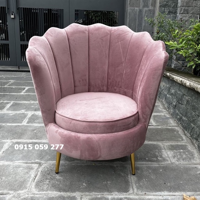 Ghế sofa đơn nhỏ hình sò chất nhung mịn cao cấp chân mạ vàng màu hồng phấn
