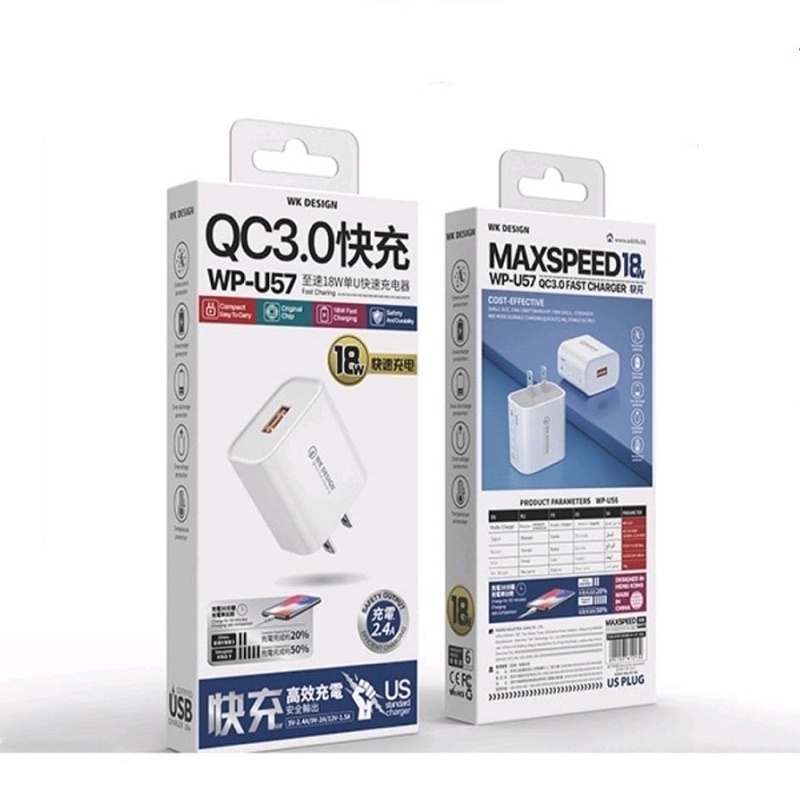 Combo Bộ Sạc Nhanh : Củ sạc + Cáp sạc nhanh USB-IP- TYCE 18W QC3.0 WK U57