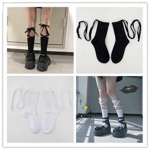 Vớ Cotton Lolita Nhật Bản Màu Trắng/Đen Có Dây Dài Thắt Nơ In Chữ Tốt Thời Trang Cho Nữ