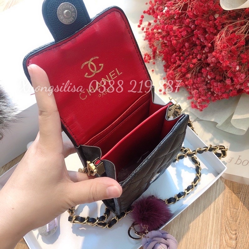 Túi Đeo Chéo Nữ Đựng Điện Thoại Logo Vàng Đồng Da Hạt Siêu Đẹp