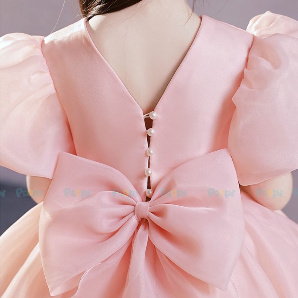 Váy Công Chúa Bé Gái Poopi Dáng Xòe Bồng Tay Ngắn Màu Hồng Dịu Xinh Đẹp Cho Bé Chơi Tết