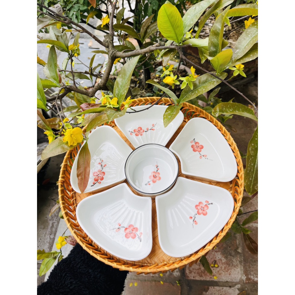 Bộ đĩa 5 cánh hoa đào, trái tim sứ bát tràng kèm khay mây