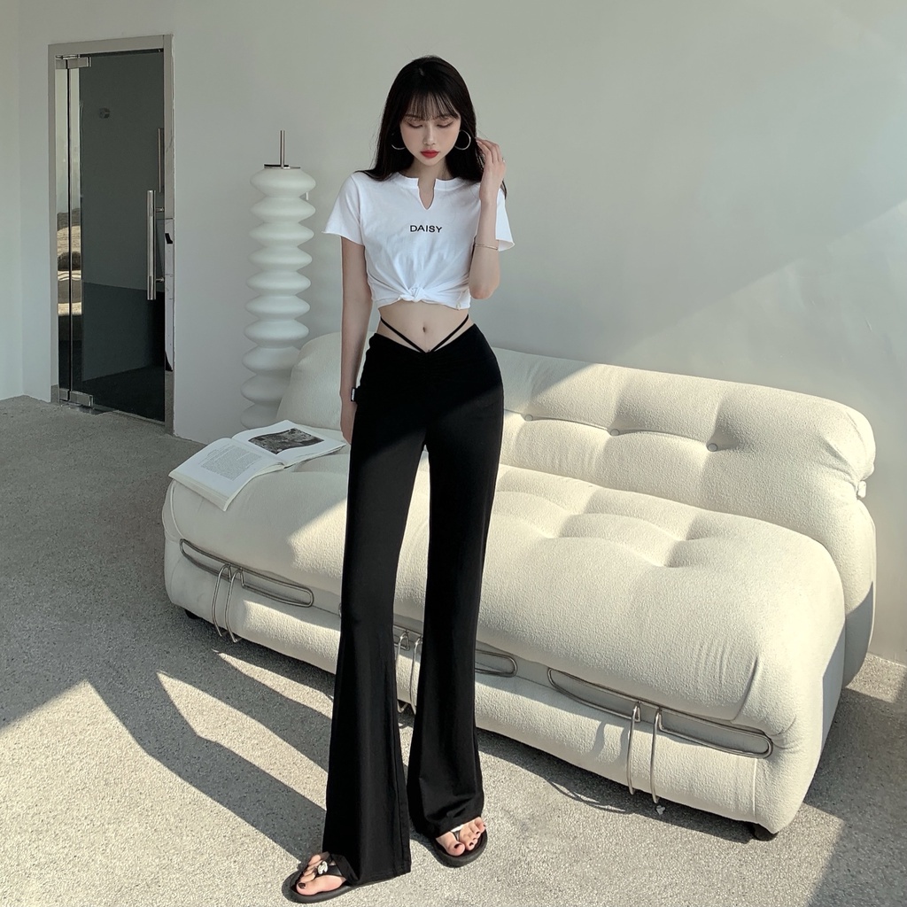 COZOK Quần dài nữ ống loe lưng cao màu đen