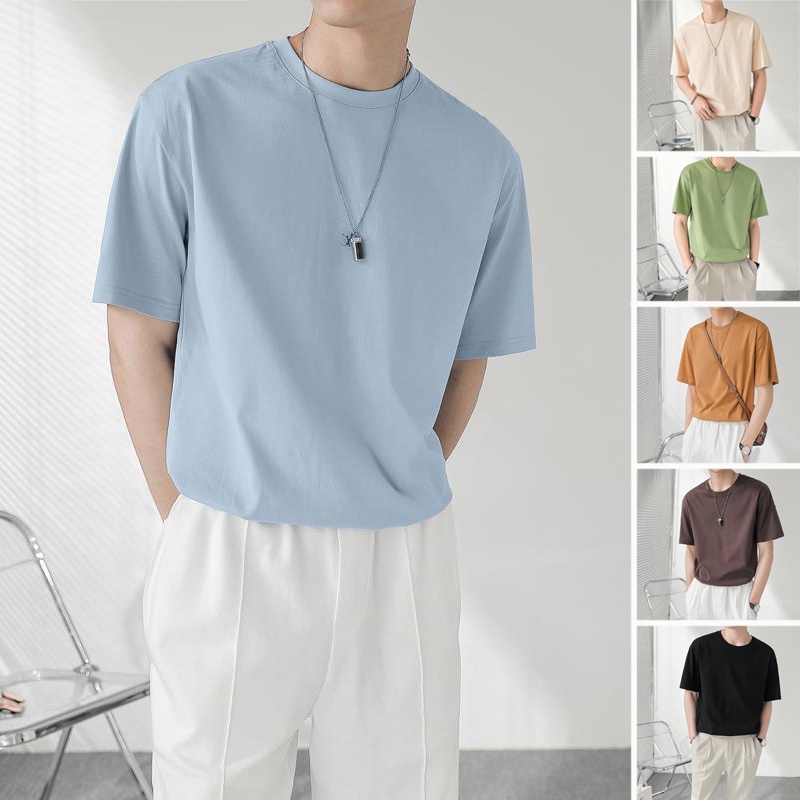 Áo Thun Tay Ngắn Cổ Tròn Màu Sắc Trơn Phong Cách Hàn Quốc Thời Trang Cho Nam