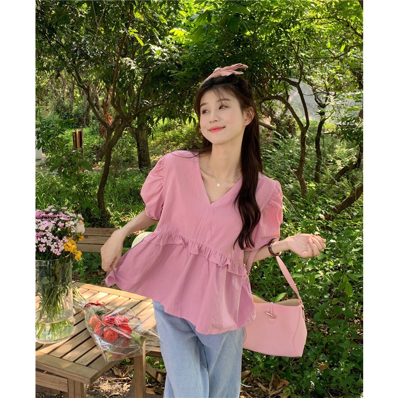 Áo Sơ Mi Tay Ngắn Phồng Cổ Chữ V Thời Trang Dành Cho Nữ