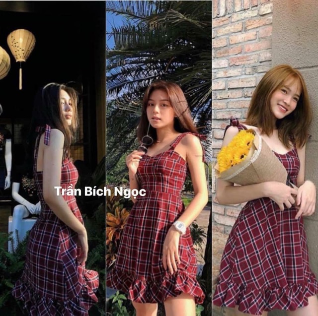 ĐẦM MARIKO CARO - ĐẦM 2 DÂY CARO ĐỎ SIÊU XINH