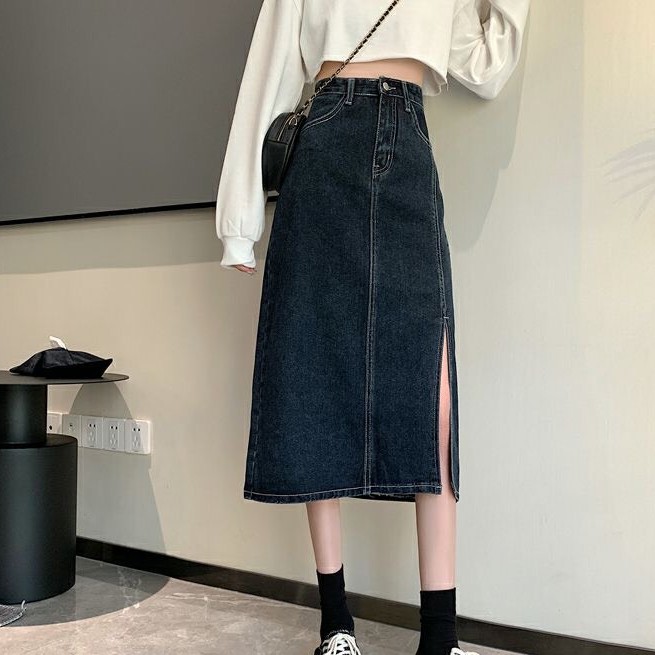 Chân Váy Jeans Dài Xẻ Tà KABICO Chân Váy Bò Dài Cạp Cao Ôm Eo Phong Cách Ulzzang V03