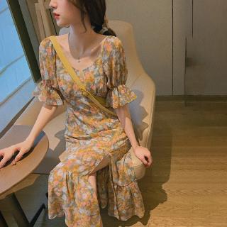 Đầm hoa cổ chữ v tay loe phong cách Retro pháp thời trang mùa xuân 2020 cho nữ size S-2xl
