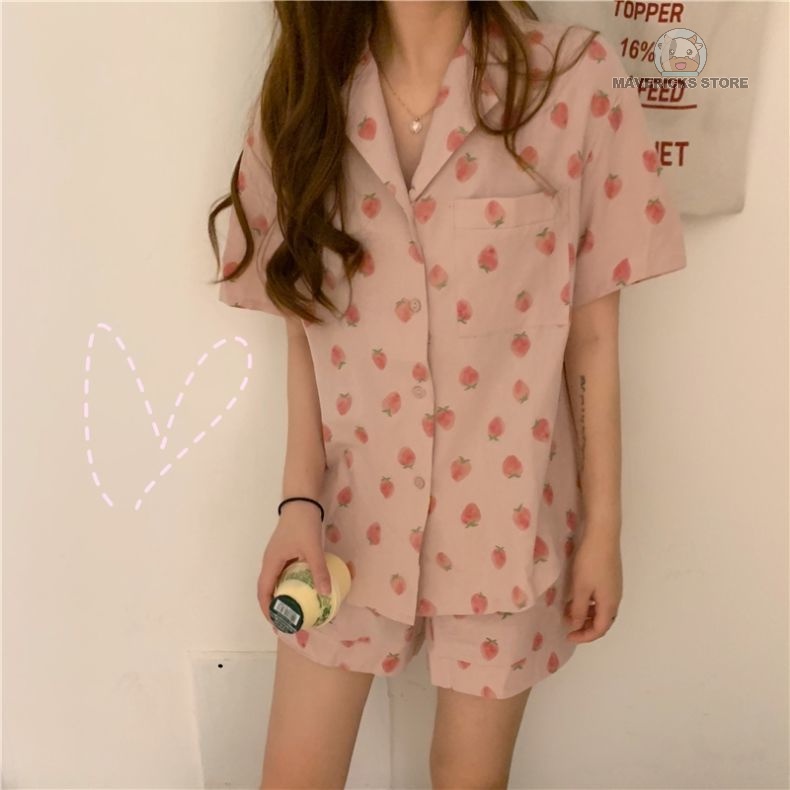 Bộ đồ ngủ ngắn tay họa tiết dâu tây dễ thương phong cách Hàn Quốc thời trang mùa hè cho nữ