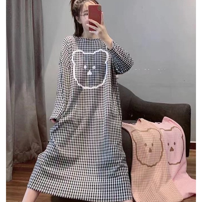 [Hàng đẹp Taobao] Váy Ngủ caro hình gấu cute , váy nữ mặc nhà kiểu dáng Hàn Quốc DN02