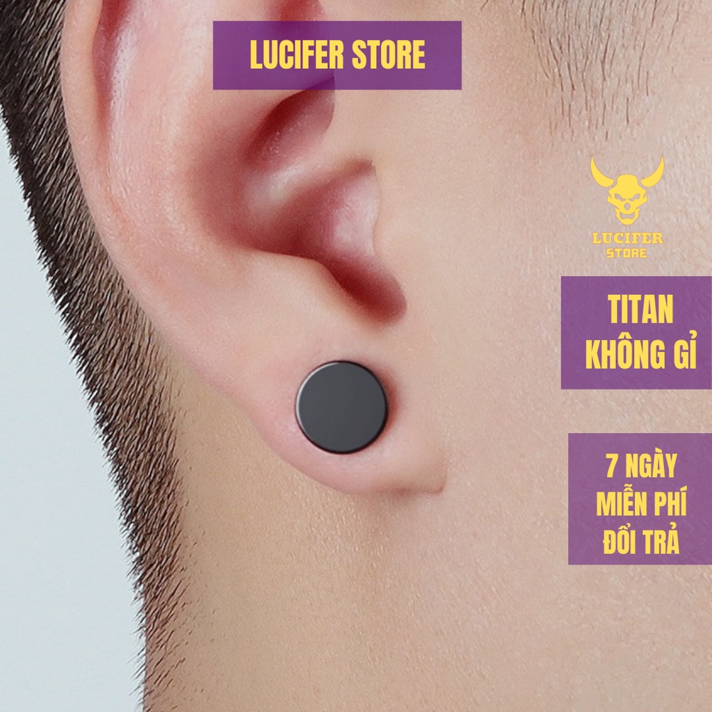 Khuyên Tai Nam mặt Tròn Unisex Sang Chảnh Cá tính Cute Ngầu Lucifer Store màu bạc đen Hoa Tai Titan - Hoa Tai Mặt Tròn