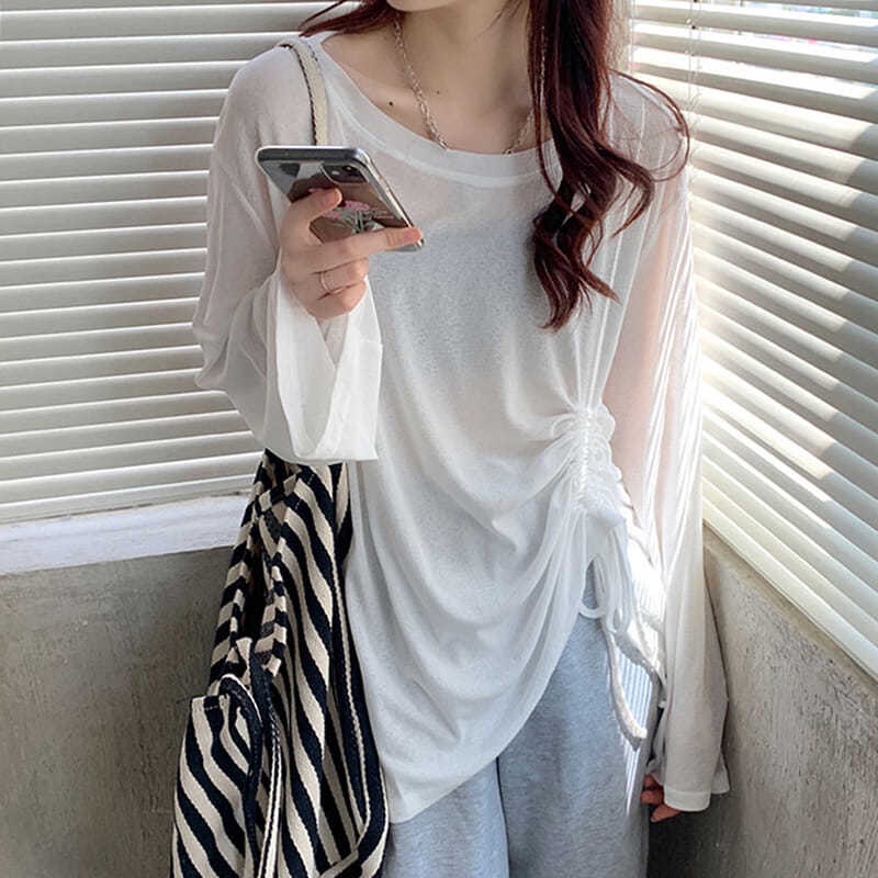 Áo Thun Tay Dài Dáng Rộng Vải Mỏng Phối Dây Rút Thoáng Khí Thời Trang Cho Nữ