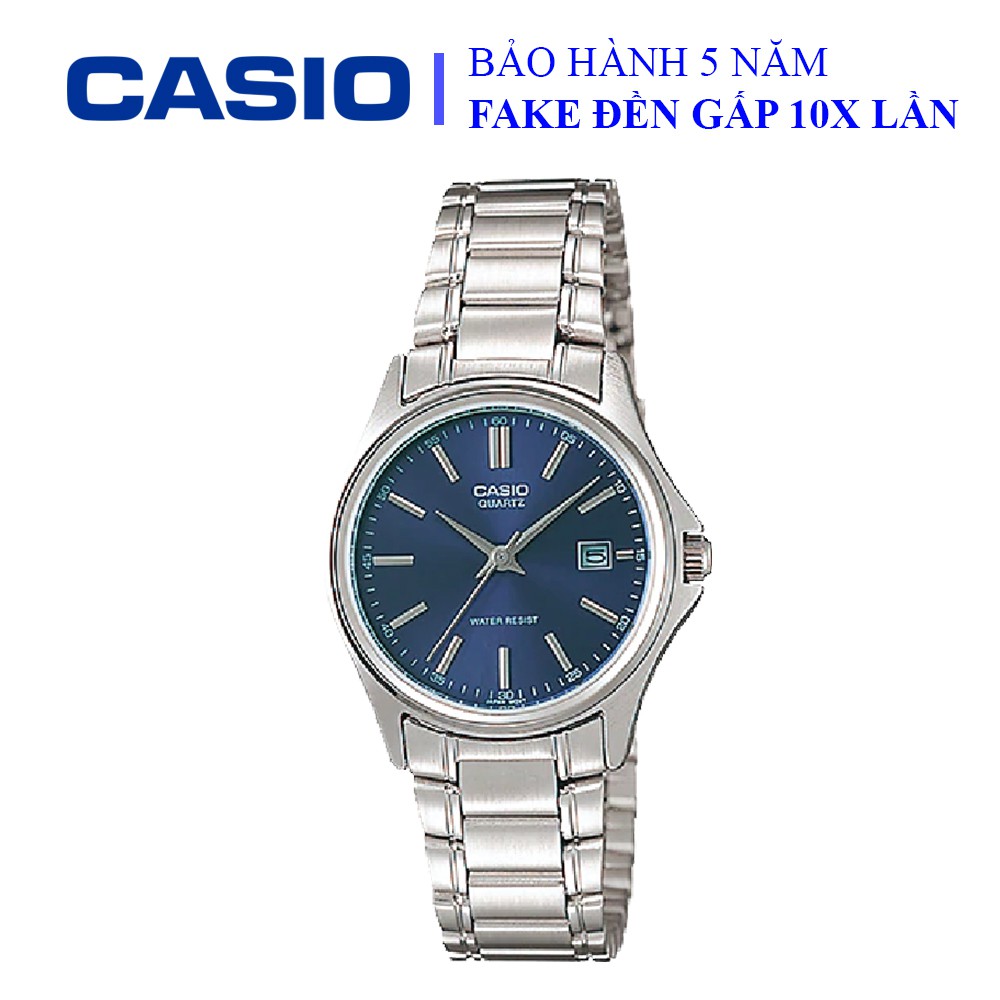 Đồng hồ Casio nữ dây sắt thể thao, mặt xanh viền bạc sang trọng, quý phái, chống nước WR30M đi bơi (LTP-1183A-2ADF)