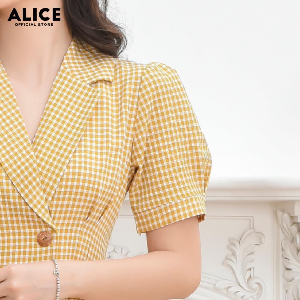 Đầm Thiết Kế Nữ Công Sở ALICE Dáng Dài Xòe Xếp Ly Tay Bồng Cổ Vest Họa Tiết Kẻ Thanh Lịch V667  ཾ