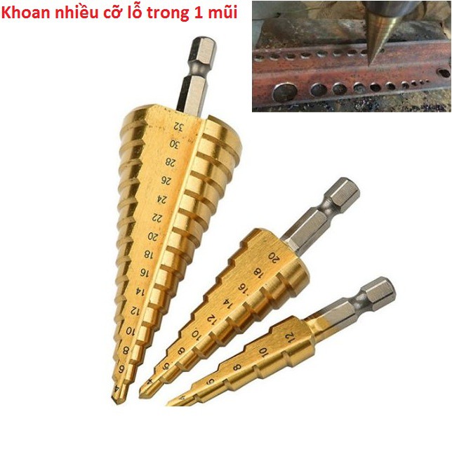 bộ 3 mũi khoan bước phủ titan siêu cứng,đường kính 4-32mm - Khoan được nhiều cỡ lỗ trong 1 mũi khoan