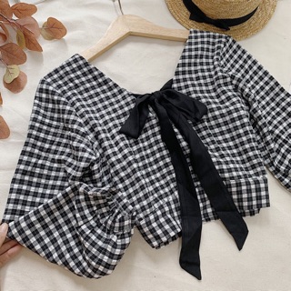 Áo caro Croptop cột nơ sau🌸