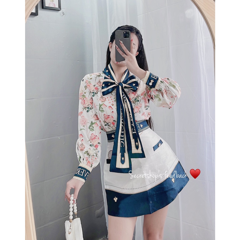 SET ÁO SƠ MI HOA THẮT NƠ CỔ VIỀN + CHÂN VÁY VIỀN CHỮ