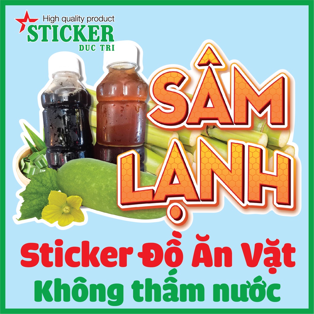 STICKER MIẾNG DÁN Nước Mía, Nha Đam, Rau Má, Sâm Lạnh, Sinh Tố, Sữa Chua, Uống Là Ghiền... dùng trang trí quán.