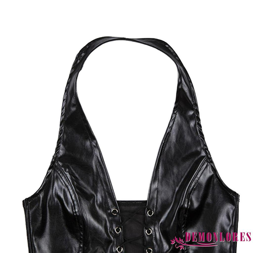Áo croptop cổ yếm không tay bằng da PU thiết kế hở lưng buộc dây chéo phía trước thời trang quyến rũ cho nữ
