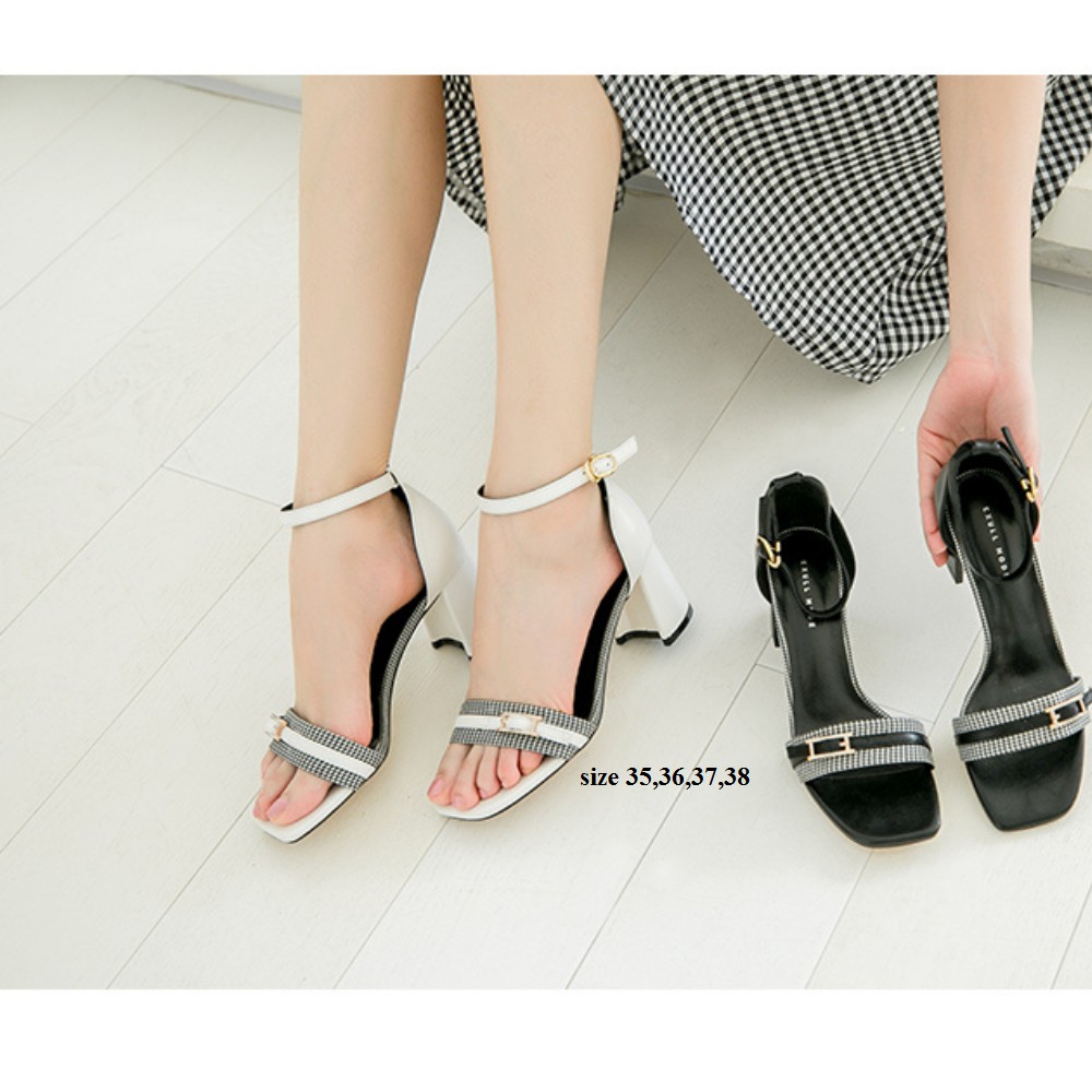Các mẫu  Sandal Nữ dusto, Giày Cao Gót Exull Quai Ngang Cao 7p Đế vuông Công Sở Đẹp Màu Trắng Đen - LS115