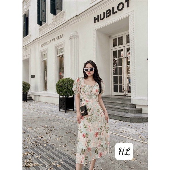 Váy hoa midi vải voan tơ siêu tôn dáng