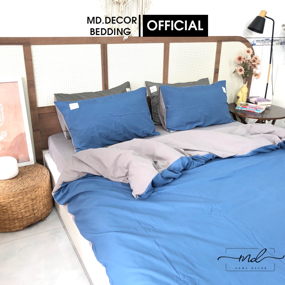 Bộ chăn ga gối cotton tici MD.Decor màu xanh dương phối xám nhiều kích thước nệm m2,m4,m6,m8