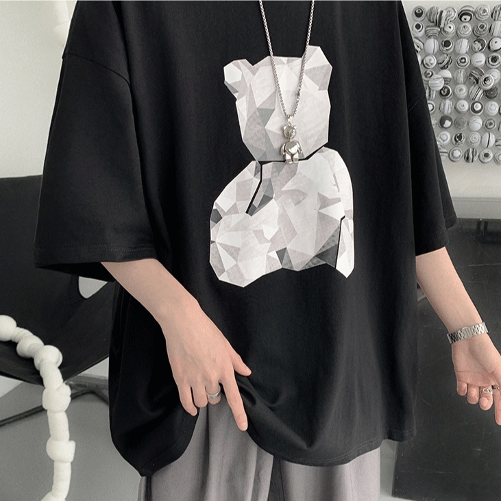 Áo thun ngắn tay dáng rộng in hoạt hình gấu kiểu Hàn Quốc cá tính dành cho nam và nữ cỡ lớn S-8Xl