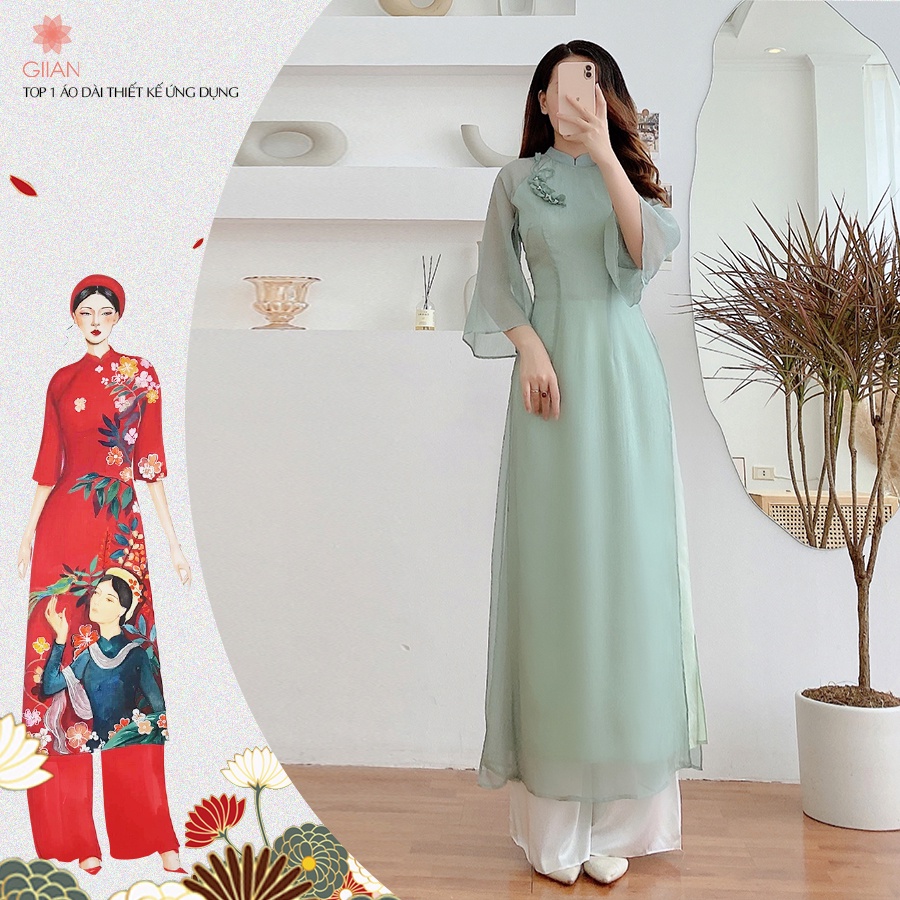 Áo dài cách tân đính hoa ngực thiết kế chính hãng GIIAN, áo dài nữ bốn tà tay loe nữ tính G-AD272