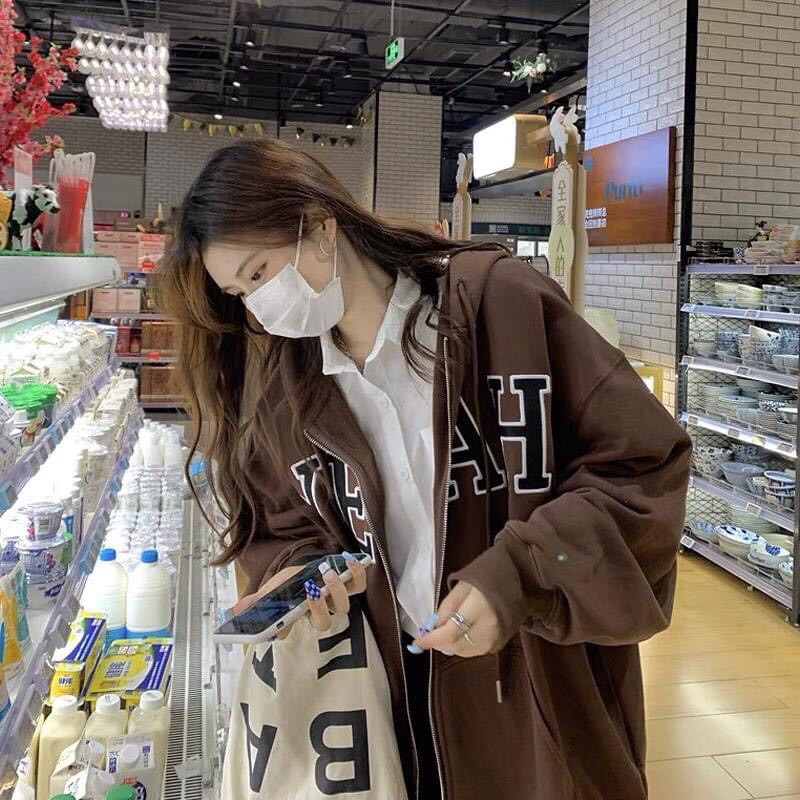 Áo Khoác Nâu Yeah Nữ - Rere.Store [FREESHIP] - Hoodie Zip nỉ dài tay form rộng dáng suông, thiết kế đơn giản