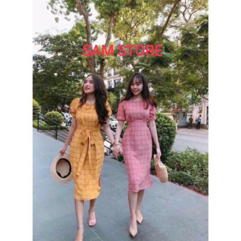 Đầm Caro Cổ Tròn Thắt Nơ Eo Tay Con Dáng Ôm Size M SamStore
