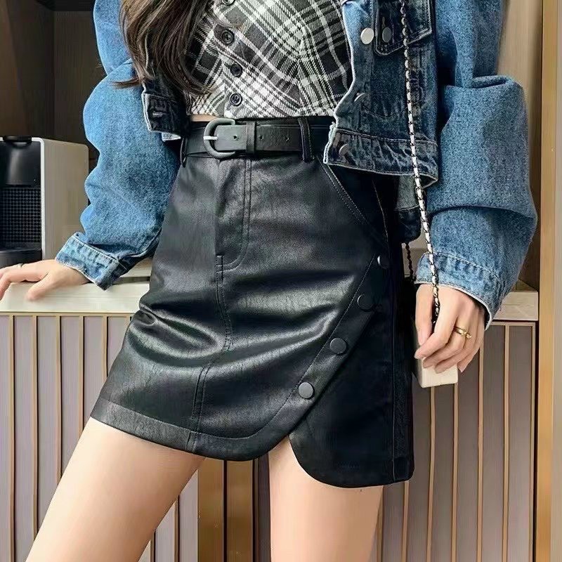 Chân váy da khuy xẻ vạt kèm đai Mã 3187