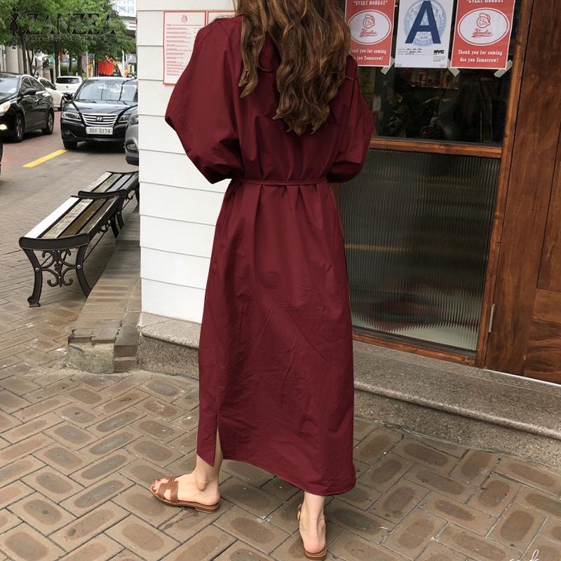 Đầm midi Zanzea chữ A tay dài thắt dây thời trang dành cho nữ