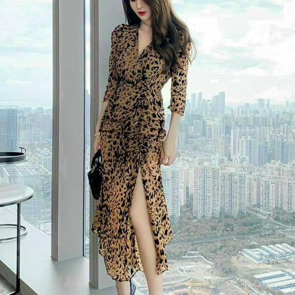 Váy Nữ Dáng Ôm - Đầm Body Rút Dây Họa Tiết Da Báo 2 Lớp Chất Voan Lụa Cao Cấp | BigBuy360 - bigbuy360.vn