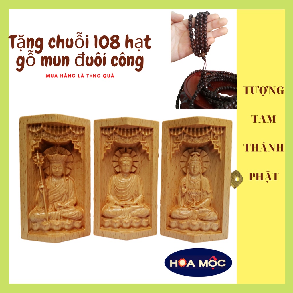 Tượng Gỗ Tam Thánh Sa Bà. Tượng Địa Tạng Vương Bồ Tát - Phật Thích Ca - Quan Âm Bồ Tát. Điêu Khắc Chất Liệu Gỗ