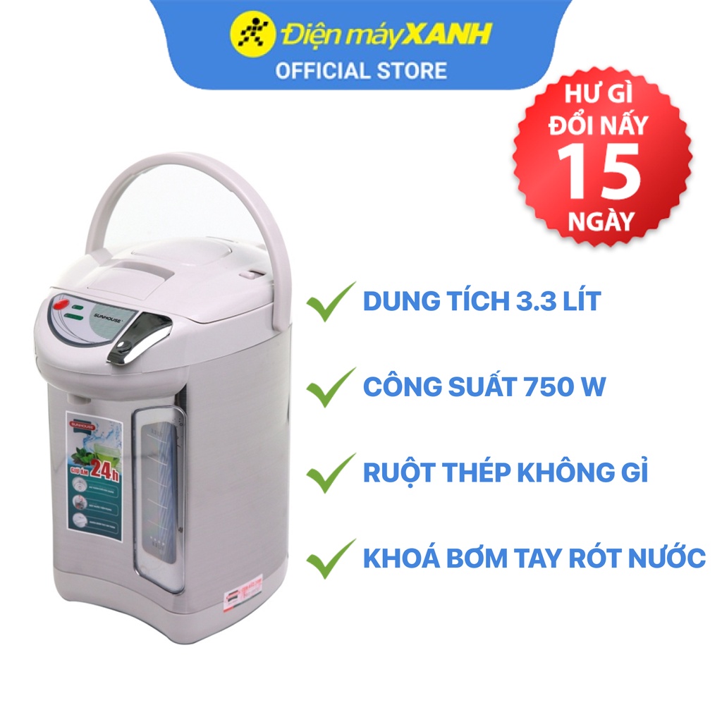 [Mã ELHADEV giảm 4% đơn 300K] Bình thủy điện Sunhouse SHD1533 3.3 lít