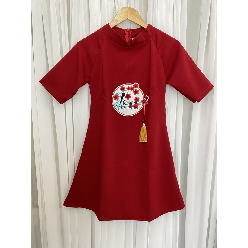 [Vải xịn] Đầm tết màu đỏ thêu hoa đào cực dễ thương vải mịn dày dặn mã [TẾT ĐÀO