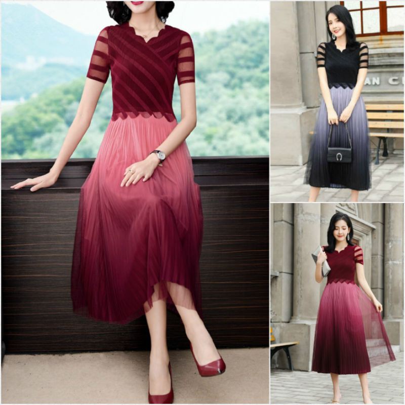 Hàng nhập - Đầm dự tiệc tùng voan dập li, váy xòe ren gân chéo